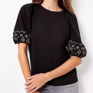 Loft Black Top with Embroidered Sleeves